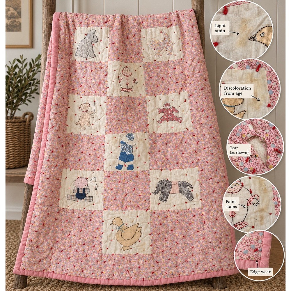 Handmade Vintage Patchwork Quilt Child Pink Animal Applique 78x46 Fair Condition